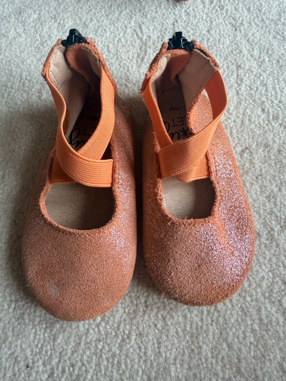 Monkey Feet Orange Glitter Mary Jane Ballet Flats with Elastic Cross Strap